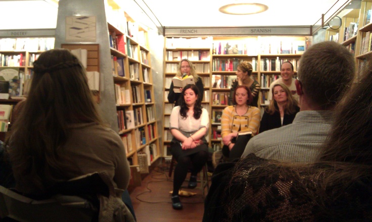 (During the McNally Jackson reading, listening to A.S. King. Photo by E.)